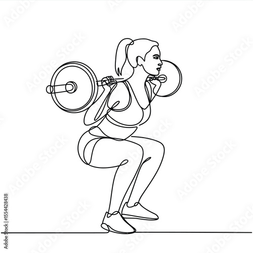 Woman performing a barbell squat in a continuous line drawing style