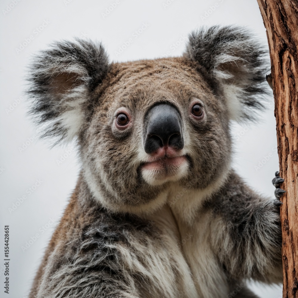 Fototapeta premium Curious koala looking up on a white background