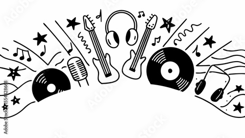 Hand-Drawn Music Doodle Set: Guitars, Headphones, Vinyl Records, and Mic for Party, Band, and Creative Design Projects