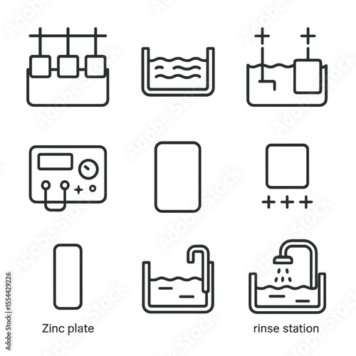 Metal Plating Icons. Outline icon set of metal plating and coating: electroplating tank, solution bath, anode, cathode, power