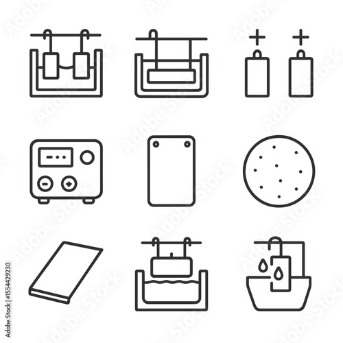 Metal Plating Icons. Outline icon set of metal plating and coating: electroplating tank, solution bath, anode, cathode, power