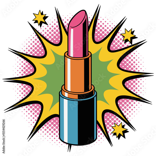 Pink lipstick in comic pop art style with halftone burst, isolated on white