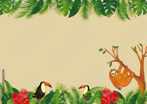 水彩風ナマケモノとトゥーカン 南国植物のフレーム1 / Watercolor Sloth  and Toucan Tropical Leaves Frame