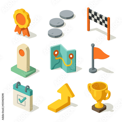 Milestone Tracking Icons. Isometric Flat icon set of milestone tracking: ribbon badge, stepping stones, finish line, milestone
