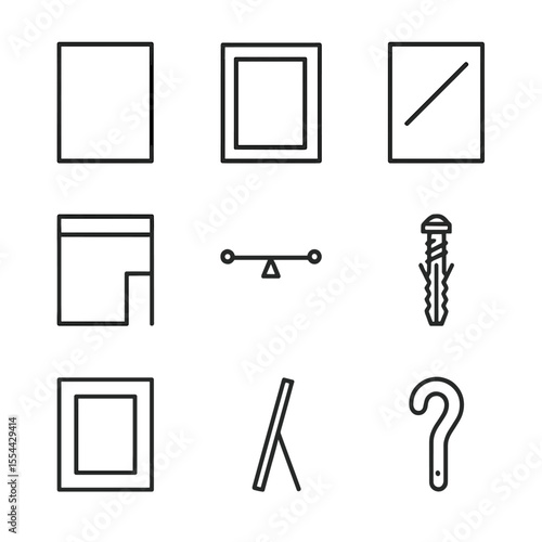 Minimalist Icon Grid. Outline icon set of minimalist thin metal frames: slim metal frame, matte black finish, clear glass, hidden