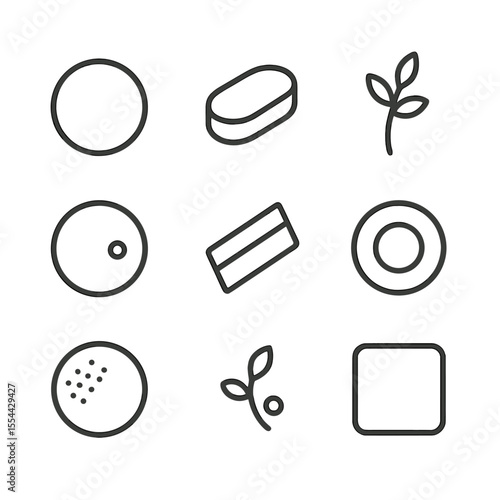 Minimalist Plating Icons. Outline icon set of Minimalist Plating Techniques: white plate, single protein piece, microgreen sprig,