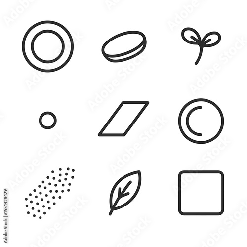 Minimalist Plating Icons. Outline icon set of Minimalist Plating Techniques: white plate, single protein piece, microgreen sprig,
