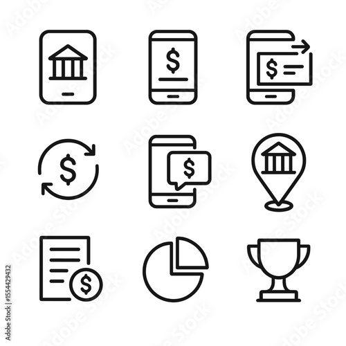 Mobile Banking Icons. Outline icon set of mobile banking services: bank app icon, account balance screen, mobile check deposit,