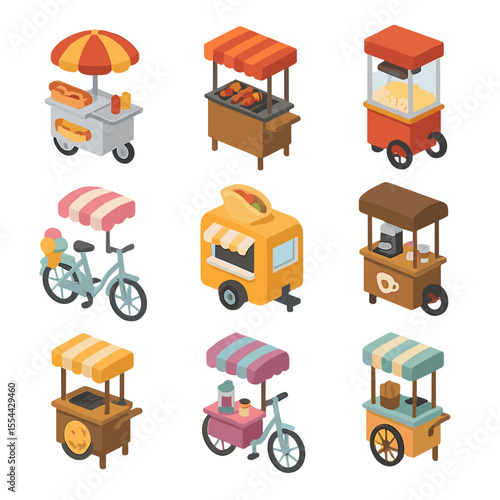 Mobile Food Cart Icons. Isometric Flat icon set of mobile food carts: hot dog cart, grilled kebab stand, popcorn machine, ice