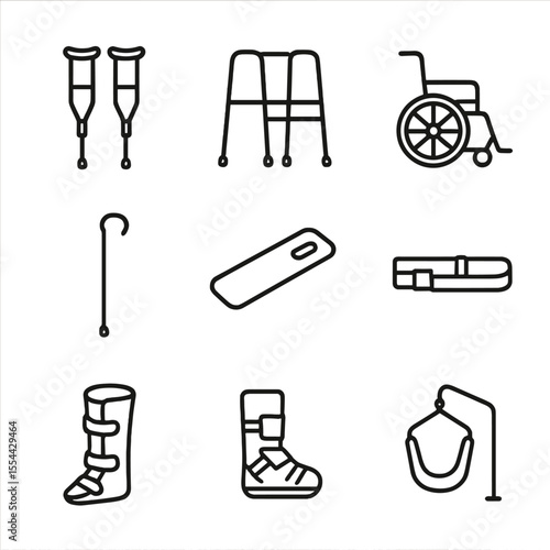 Mobility Aid Icons. Outline icon set of patient mobility aids: crutches, walker, wheelchair, cane, transfer board, gait belt,