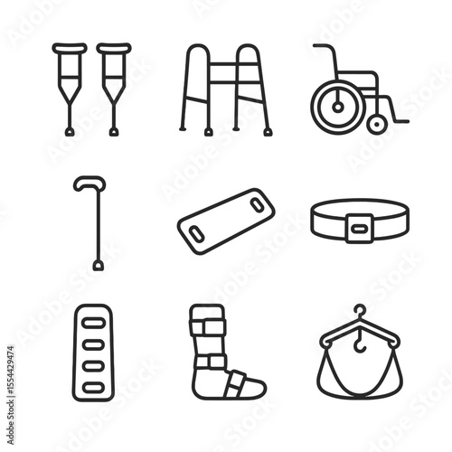 Mobility Aid Icons. Outline icon set of patient mobility aids: crutches, walker, wheelchair, cane, transfer board, gait belt,