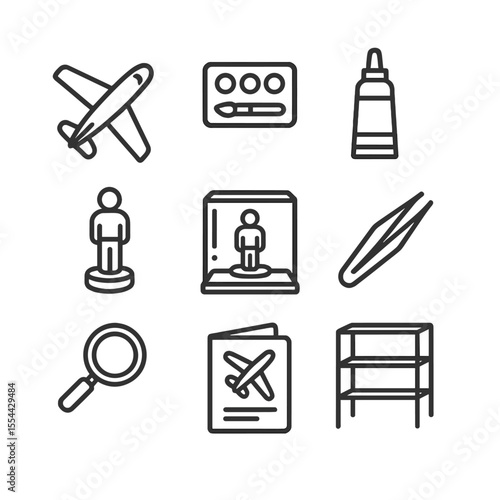 Model Building Icons. Outline icon set of Model Building and Collectibles: model airplane, paint set, glue tube, collectible