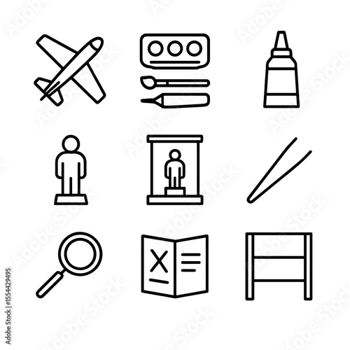 Model Building Icons. Outline icon set of Model Building and Collectibles: model airplane, paint set, glue tube, collectible