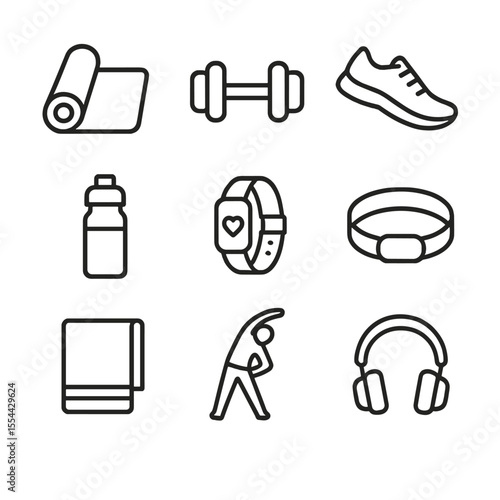Morning Exercise Icons. Outline icon set of morning exercise and stretching: yoga mat, dumbbell, running shoes, water bottle,