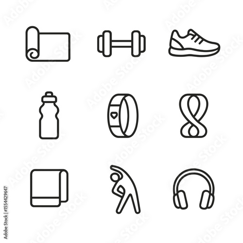 Morning Exercise Icons. Outline icon set of morning exercise and stretching: yoga mat, dumbbell, running shoes, water bottle,