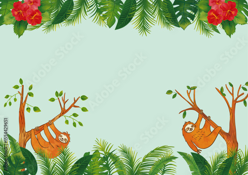 水彩風ナマケモノと南国植物のフレーム1 / Watercolor Sloth and Tropical Leaves Frame