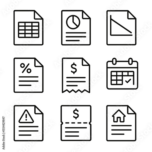 Mortgage Icon Set. Outline icon set of Mortgage Payment Schedule: amortization table, monthly statement, principal balance graph,