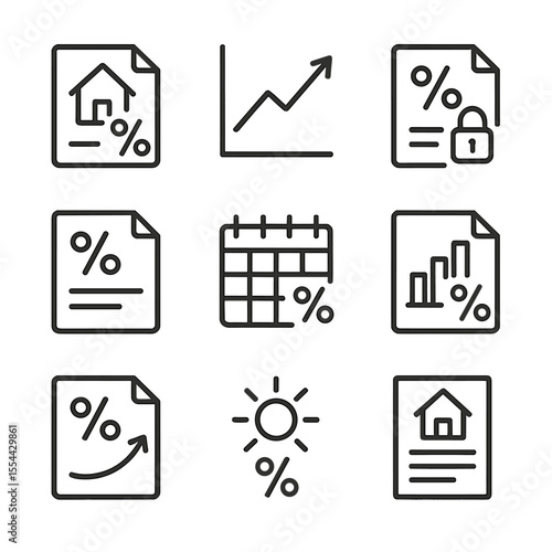 Mortgage Icons Set. Outline icon set of Mortgage Interest Rate Terms: fixed-rate agreement, adjustable-rate index chart, rate lock