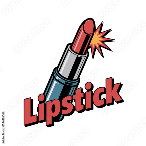 Red lipstick in comic pop art style with explosion graphic, isolated on white