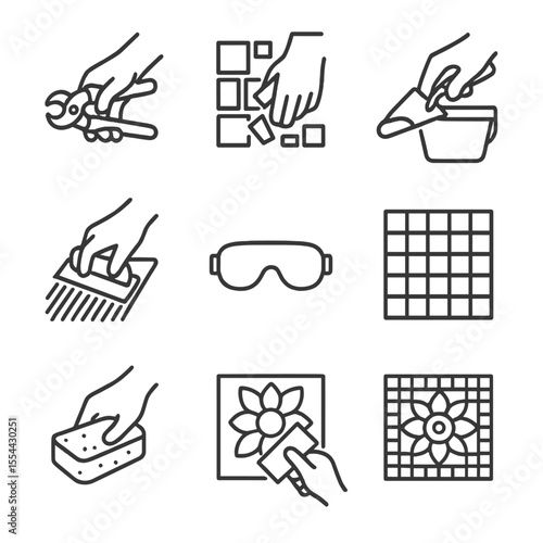 Mosaic Art Tools Icons. Outline icon set of hands creating mosaic art: tile cutter, mosaic tile, grout bucket, trowel, adhesive