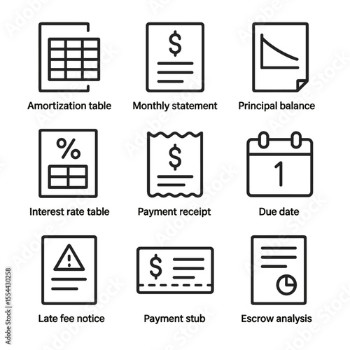 Mortgage Icon Set. Outline icon set of Mortgage Payment Schedule: amortization table, monthly statement, principal balance graph,