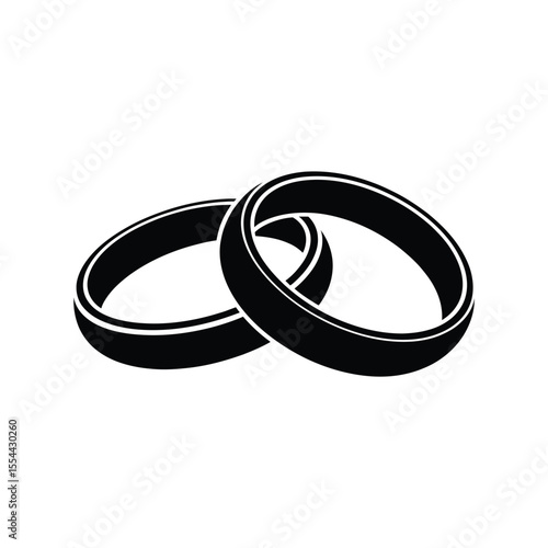 Two interlocking black wedding rings on a white background symbolizing unity