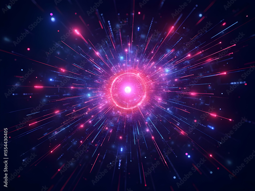 Obraz premium Abstract Futuristic Neon Glow Radiating Pink Blue Light Streaks Central Ring Digital Energy Burst image
