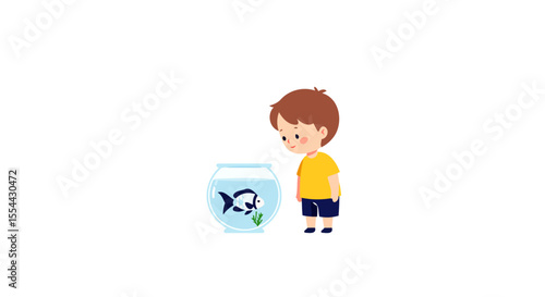 Cute Little Boy Watching Fish in a Bowl Adorable Child and Pet Interaction