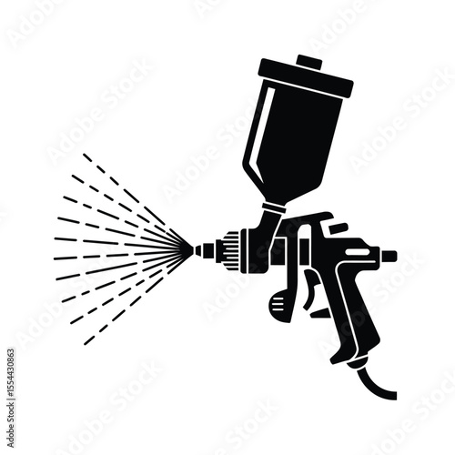Black silhouette of a spray gun spraying paint on a white background