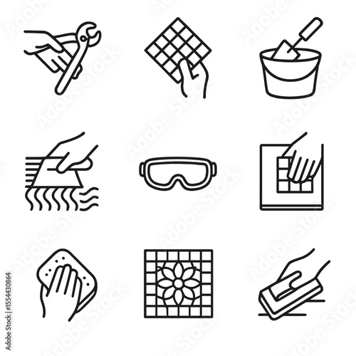Mosaic Art Tools Icons. Outline icon set of hands creating mosaic art: tile cutter, mosaic tile, grout bucket, trowel, adhesive