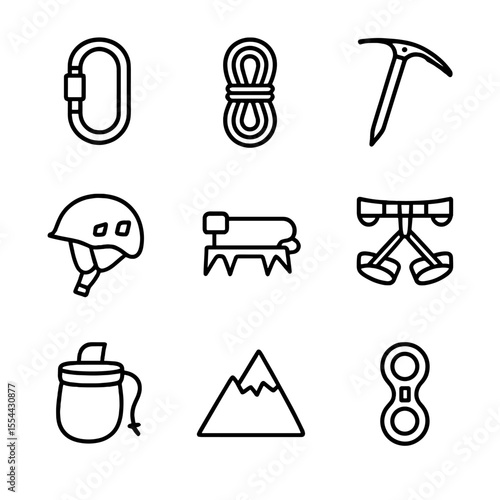 Mountain Climbing Icons. Outline icon set of mountain climbing: carabiner, rope coil, ice axe, climbing helmet, crampon, harness,