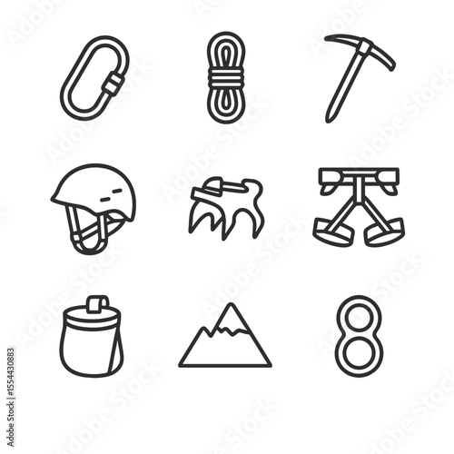 Mountain Climbing Icons. Outline icon set of mountain climbing: carabiner, rope coil, ice axe, climbing helmet, crampon, harness,