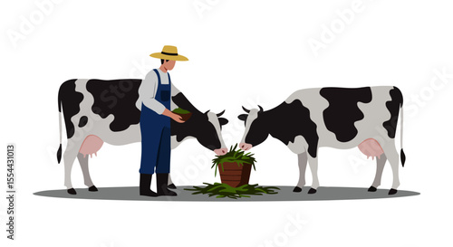Farmer Feeding Cows in a Lush Green Pasture