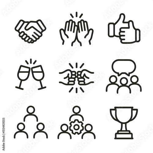 Multiplayer Interaction Icons. Outline icon set of multiplayer interaction: handshake, high five, thumbs up, clinking glasses,