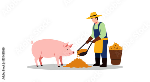 Farmer Feeding Pig on Farm Agriculture and Livestock