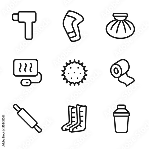 Muscle Recovery Icons. Outline icon set of muscle recovery and massage tools: massage gun, compression sleeve, ice pack, heating