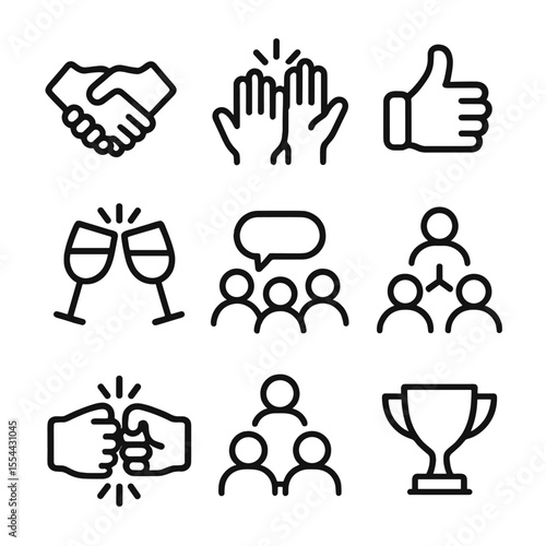 Multiplayer Interaction Icons. Outline icon set of multiplayer interaction: handshake, high five, thumbs up, clinking glasses,