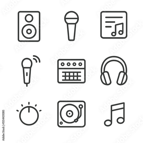 Music Icon Set. Outline icon set of music and audio setup: speaker, microphone, playlist icon, DJ turntable, wireless mic,