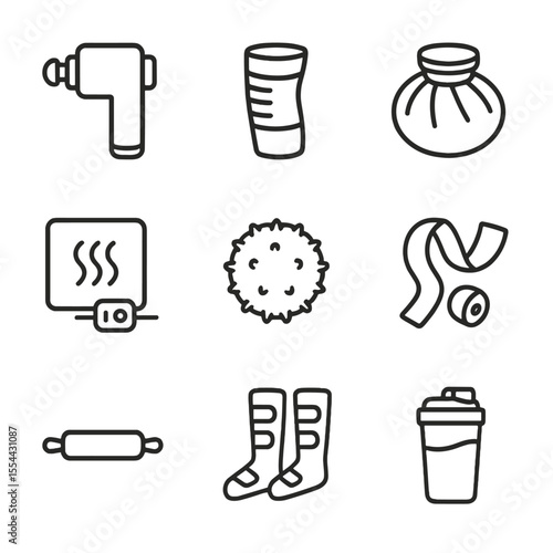 Muscle Recovery Icons. Outline icon set of muscle recovery and massage tools: massage gun, compression sleeve, ice pack, heating