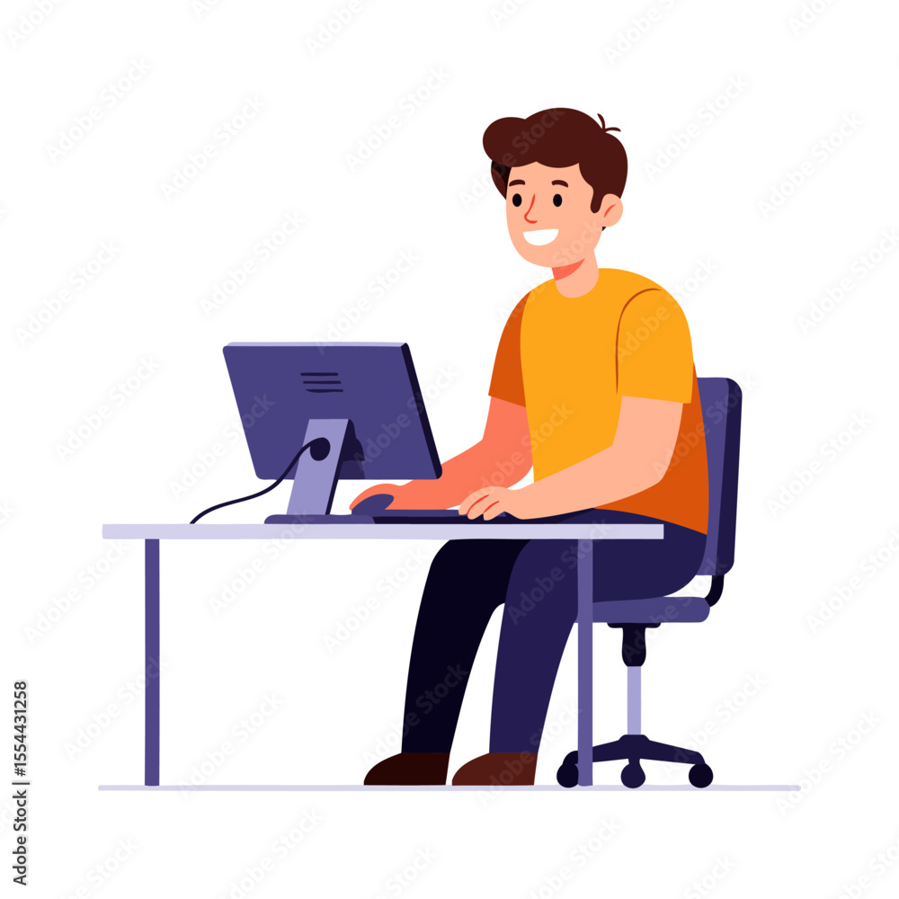Happy Man Working on Computer in Modern Office Happy Man Working on Computer in Modern Office