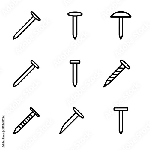 Nail Types Icons. Outline icon set of nail types: finishing nail, common nail, roofing nail, brad, cut nail, spiral nail, ring