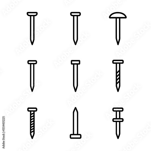 Nail Types Icons. Outline icon set of nail types: finishing nail, common nail, roofing nail, brad, cut nail, spiral nail, ring