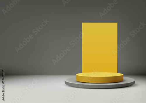 modern yellow podium on grey base minimalist product display mockup showcase showroom contemporary geometric design