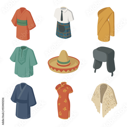 National Clothing Icons. Isometric Flat icon set of national clothing and attire: kimono, Scottish kilt, Indian sari, Nigerian