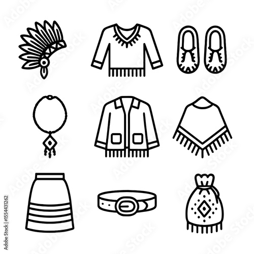 Native Attire Icons. Outline icon set of Native American attire: feather headdress, buckskin shirt, moccasins, beaded necklace,
