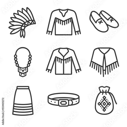 Native Attire Icons. Outline icon set of Native American attire: feather headdress, buckskin shirt, moccasins, beaded necklace,