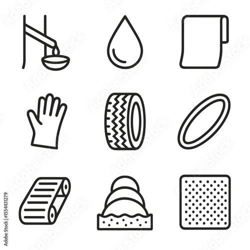 Natural Rubber Icons. Outline icon set of natural rubber materials: rubber tree sap, latex drop, rubber sheet, rubber glove, tire