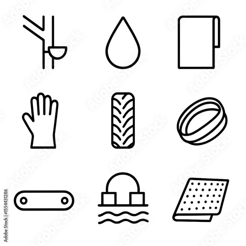 Natural Rubber Icons. Outline icon set of natural rubber materials: rubber tree sap, latex drop, rubber sheet, rubber glove, tire
