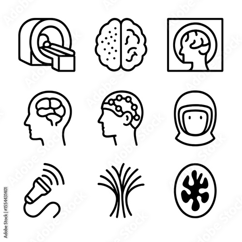 Neural Imaging Icons. Outline icon set of neural imaging techniques: MRI scanner, fMRI brain map, CT scan, PET scan, EEG cap, MEG