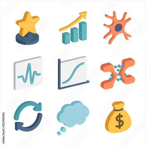 Neurotransmitter Icon Set. Isometric Flat icon set of Reward Prediction and Error Signaling: reward cue icon, predicted reward bar